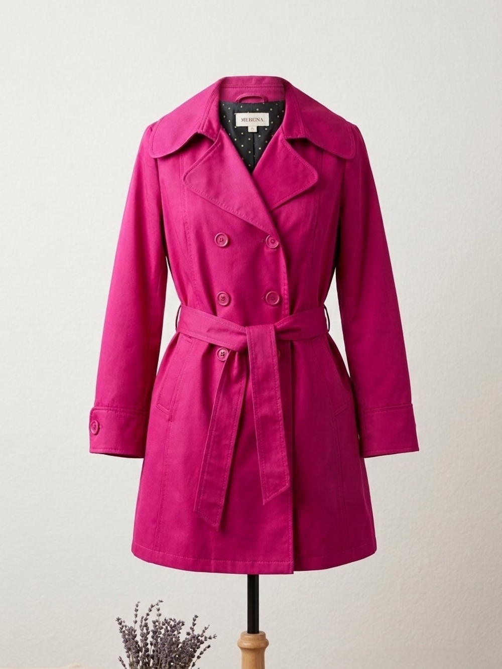 Merona Vivid Fuchsia Double-Breasted Trench Coat with Waist Tie